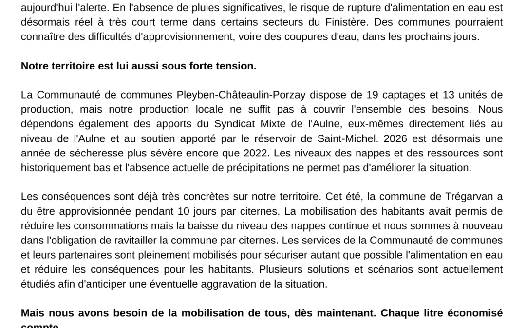CCPCP : Communiqué sécheresse – IMPORTANT